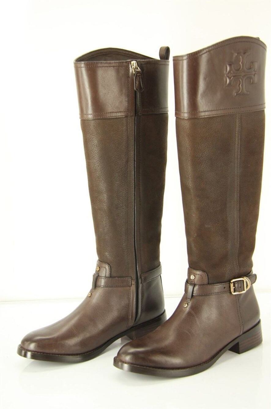 Tory Burch Brown Leather Simone Logo Embossed Riding Boots  New Sz 5.5